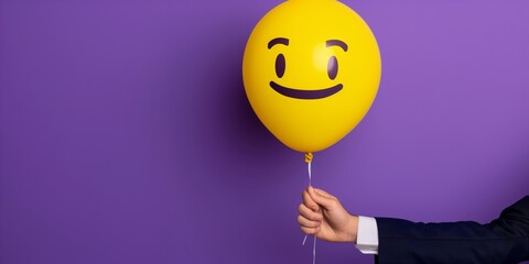 Businessman holding a yellow balloon with a smiling emoji against a vibrant purple background. Concept of positivity, happiness, customer satisfaction, success, and good vibes.