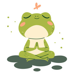 Flat vector illustration in children's style. Cute frog sitting in lotus pose and meditating . Vector illustration