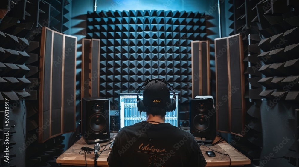 Poster A music producer works on a computer in a studio with soundproof walls and professional recording equipment.