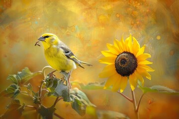 A Gold Finch pulls seeds from an expiring Sunflower in the late summer afternoon.