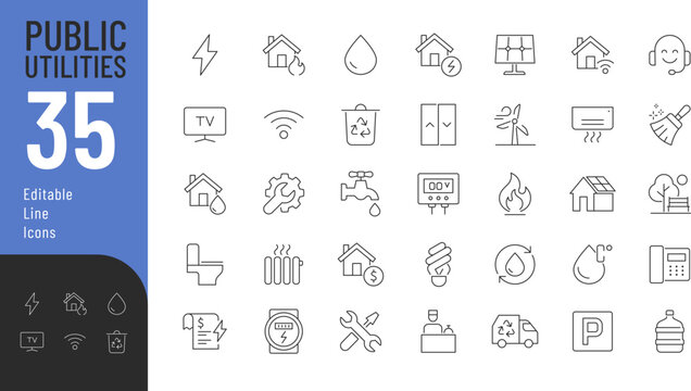 Public utilities Line Editable Icons set. Vector illustration in modern thin line style of house maintenance related icons: electricity, gas, water, and more. Pictograms and infographics for mobile ap