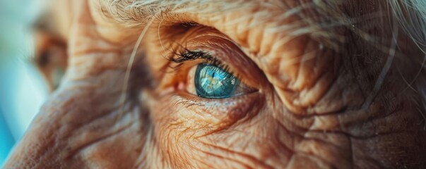 Close-up of an elderly woman's eye with wrinkles.