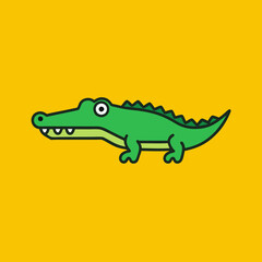 A green crocodile on yellow with motor vehicles and animals keywords