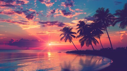 Silhouettes of palm trees against a stunning sunset sky at a tropical beach, creating a peaceful and serene atmosphere.