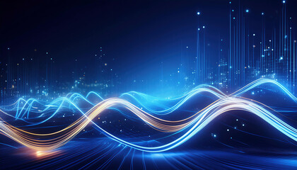 Fototapeta premium Abstract digital data stream with glowing lines on dark blue background