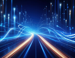  Abstract digital data stream with glowing lines on dark blue background