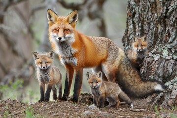 Fototapeta premium A handful of hungry Red Fox Kits nurse with momma fox against a dog old Oak Tree.