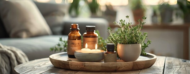 Calming aromatherapy setup with essential oils and fresh thyme