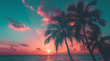 Silhouettes of palm trees against a stunning sunset sky at a tropical beach, creating a peaceful and serene atmosphere.