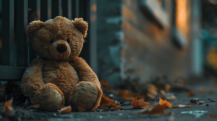 Dark brown bear doll sitting on the footpath sidewalk beside the road in lonely mood