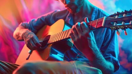 Naklejka premium Male guitarist playing acoustic guitar with colorful background on isolation