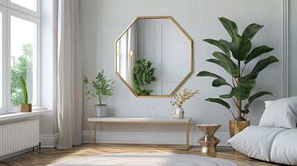 A hexagonal mirror with a gold rim, complementing a modern entryway with geometric accents.
