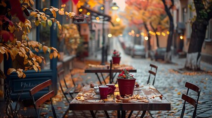 Decorated table in a street cafe against the background of autumn