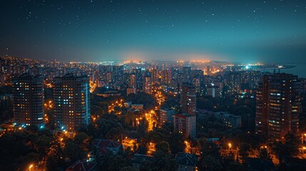 Fototapeta premium Stunning Night Cityscape with Illuminated Skyscrapers and Stars in the Sky - Generative AI