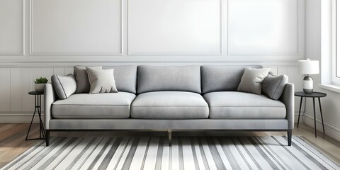 Modern Art Deco Living Room featuring Gray Sofa, Striped Coffee Table, and Rug. Concept Modern Art Deco, Gray Sofa, Striped Coffee Table, Rug, Living Room
