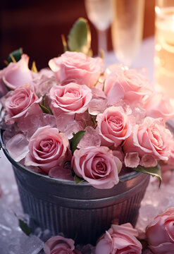 Beautiful pink roses party centerpiece arrangement. Fresh pink roses in a metal bucket filled with ice, accompanied by rose champagne in the background. A perfect setting for romantic celebrations.