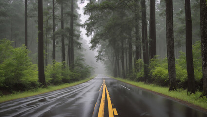 Fototapeta premium A long, straight road through a forest at sunset with the sun shining brightly. The road is paved and there are trees lining each side.