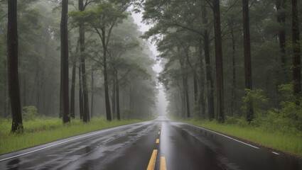 Fototapeta premium A long, straight road through a forest at sunset with the sun shining brightly. The road is paved and there are trees lining each side.