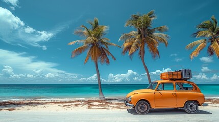 Vintage Car on Tropical Beach with Palm Trees and Luggage - Generative AI