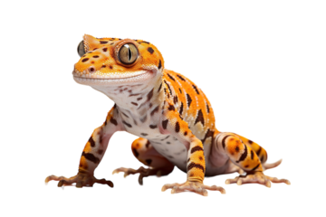 A Curious Crested Gecko Poses Against a White Background on a White or Clear Surface PNG Transparent Background.
