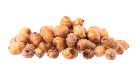 Tiger nuts isolated on white background. Pile of chufa nuts, earth almond or chufa sedge. Cyperus esculentus.
