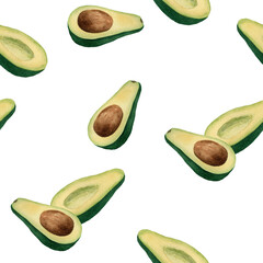 Seamless pattern with green avocado. Hand drawn watercolor illustration on white background for print, wrapper, textile, fabric, packaging