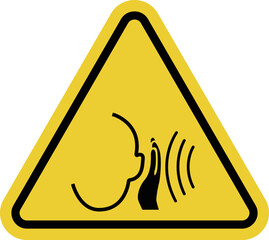 High noise areas. Hearing protection sign. Wear headphones or earplugs. Take precautions to protect your hearing. Noise protection sign. Warning yellow triangular road sign.