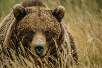 Fototapeta premium A large Grizzly Bear gets too close for comfort as it feeds off of the sedge grasses ion the meadow.