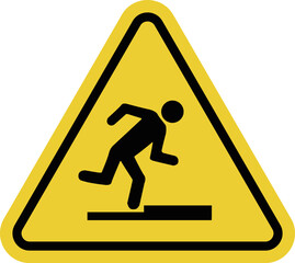 Threshold sign, curb. Obstacle sign. Sign stumble. Presence of obstacles along way that could cause trips and falls. Use caution when crossing a threshold or curb. Warning yellow triangular road sign.