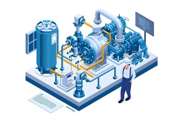 Industrial Water Pump system room technician and Engineer Inspection Services, isometric