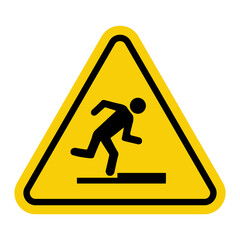 Threshold sign, curb. Obstacle sign. Sign stumble. Presence of obstacles along way that could cause trips and falls. Use caution when crossing a threshold or curb. Warning yellow triangular road sign.