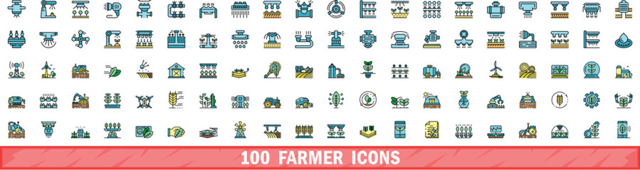 100 farmer icons set. Color line set of farmer vector icons thin line color flat on white