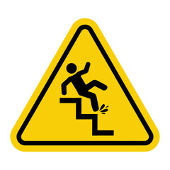 Slippery stairs sign. Caution stairs may become slippery due to weather conditions, water, oil or other factors. Prevention of accidents. Warning yellow triangular road sign.