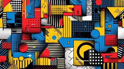 Geometric shapes and lines in bold, contrasting colors forming an intricate mosaic. Cartoon illustrations vectors Generative AI