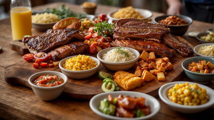 Obraz premium Barbecue Platter Presentation Showcase a wide-angle view of a rustic wooden table adorned with a platter piled high with ribs, pulled pork, cornbread, and colorful sides