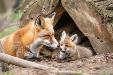Fototapeta premium A Mother Red Fox and her newly born Kit share an intimate moment just outside of their den