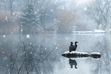 Naklejka premium A pair of unlikely Western visitors winter on an East Coast lake during an December snowstorm.