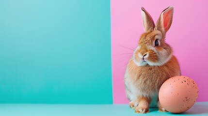 Obraz premium Easter cute Bunny with egg isolated on colorful background