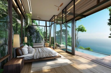 Fototapeta premium AI generated illustration of Modern bedroom with large windows overlooking lush greenery