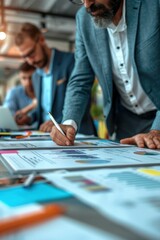 A business team working together on a project, analyzing charts and graphs in a modern office environment.