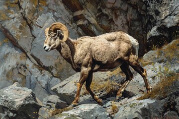 Obraz premium A ram rambles through the rocky terrain of the mountain side
