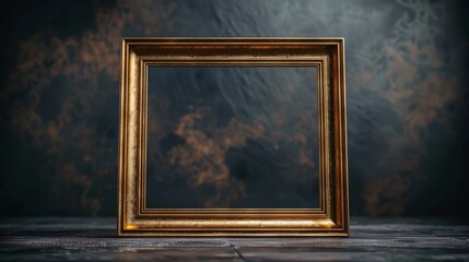 A vintage gold frame on a rustic wooden surface, ready for your artwork.  The dark background adds a touch of mystery.