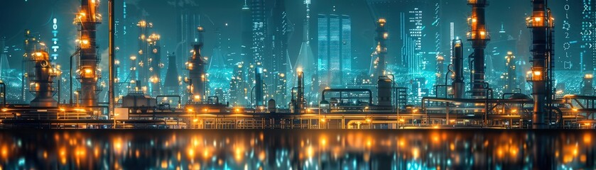 Fototapeta premium A panoramic view of a futuristic industrial cityscape at night, featuring illuminated skyscrapers and vibrant reflections on the water.