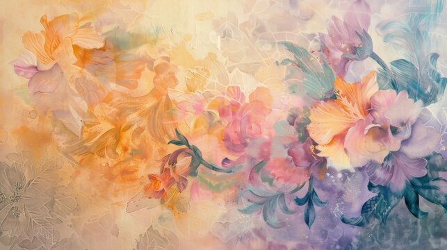 Abstract floral painting with orange, yellow, and red flowers on a colorful background.