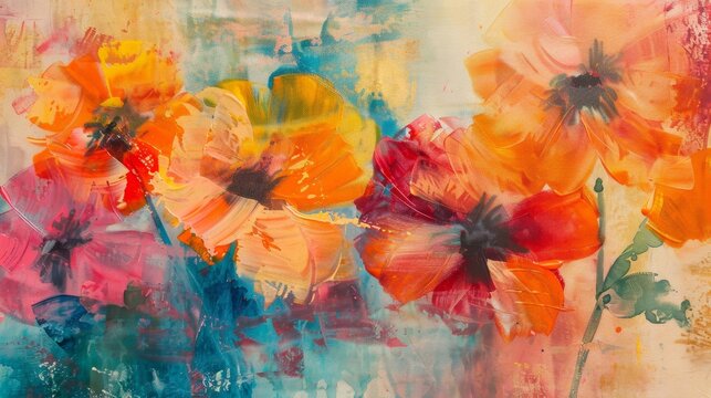 Abstract floral painting with orange, yellow, and red flowers on a colorful background.