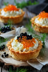 Gourmet Tartlets with Caviar and Cream Cheese on Rustic Table