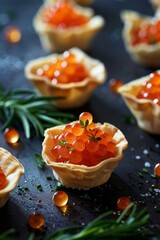 Obraz premium Tiny appetizers made of red caviar in small pastry shells