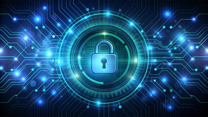 High-tech futuristic dark blue background with digital network circuitry, lock icons, and swirling green code fragments, conveying security measures.