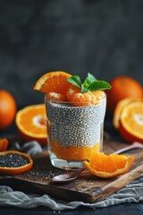 Fresh Citrus Yogurt Parfait with Oats by the Window. Orange Chia Seed Pudding