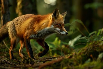 A Red Fox traverses the deep forest at sundown.